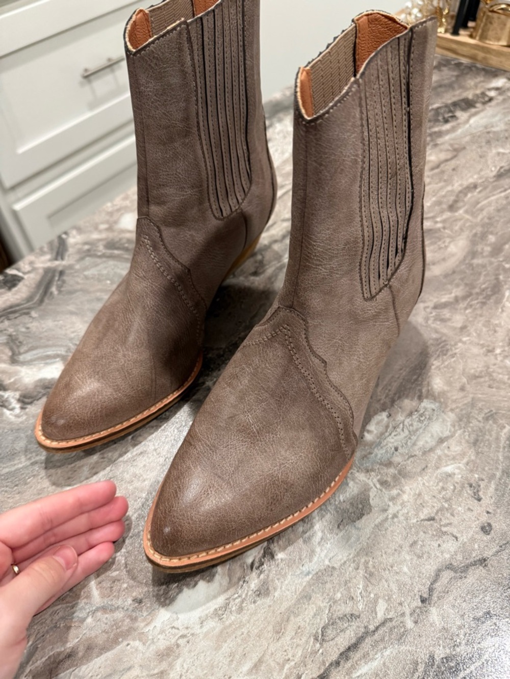 Women's Taupe Western Ankle Booties with Low Stack Heel - Picture 4 of 8